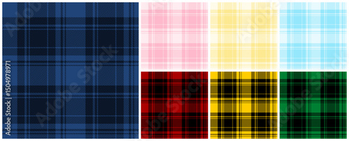 Tartan plaid pattern in dark navy blue, red, yellow, green, pink and light blue set. Vector straight seamless check pattern for plaid fabric, flannel shirt, blanket, clothes, tablecloth, textile.