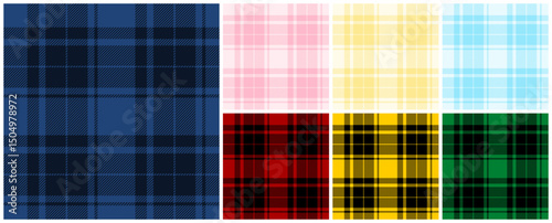 Tartan plaid pattern in dark navy blue, red, yellow, green, pink and light blue set. Vector straight seamless check pattern for plaid fabric, flannel shirt, blanket, clothes, tablecloth, textile.