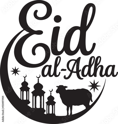 Eid ul Adha Mubarak with Mosque and Animals in Crescent Moon Silhouette