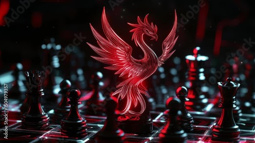 Futuristic Phoenix symbol icon and Red King Piece in Chess Game with Black Pieces on Digital Board. Strategy and business concept