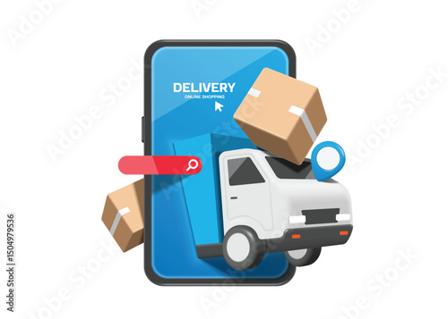 white-blue container truck drives out from smartphone with parcel box or cardboard box send to customers after online order, vector 3d isolated for online shopping and delivery concept design