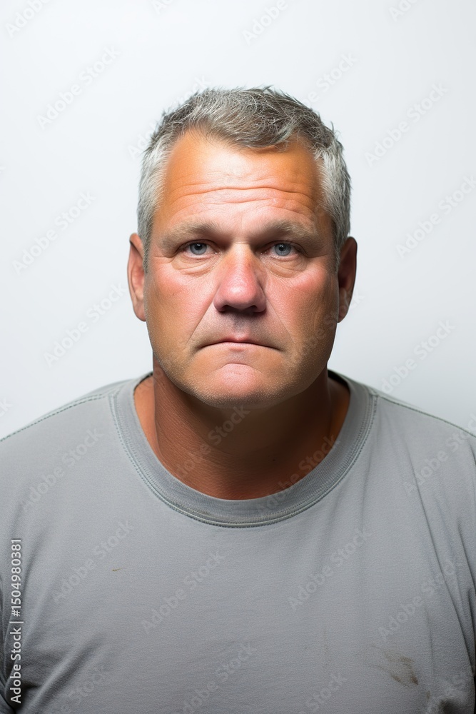 Obraz premium Mature caucasian male with short hair in gray shirt against white background