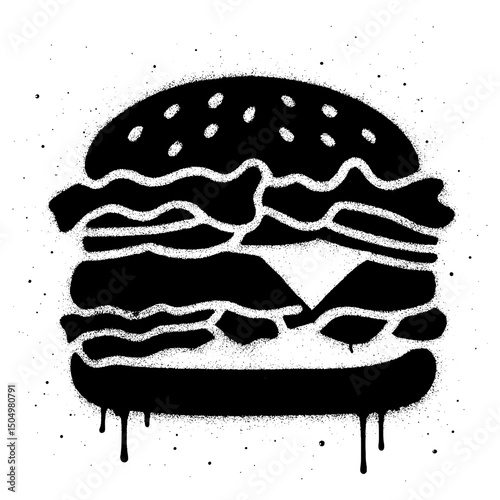 High contrast black and white graffiti style stencil illustration of a hamburger, featuring a dripping spray paint effect.