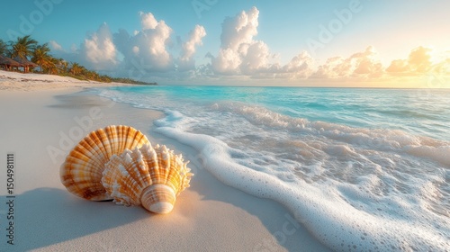 Seashell on a pristine beach at sunrise. Soft waves lap the shore