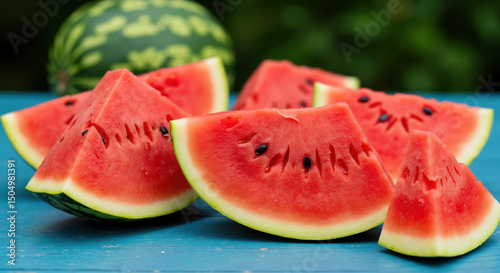 Juicy watermelon slices with black seeds on blue wooden table. Fresh summer fruit with bright red flesh and green rind for seasonal refreshment and healthy eating concepts