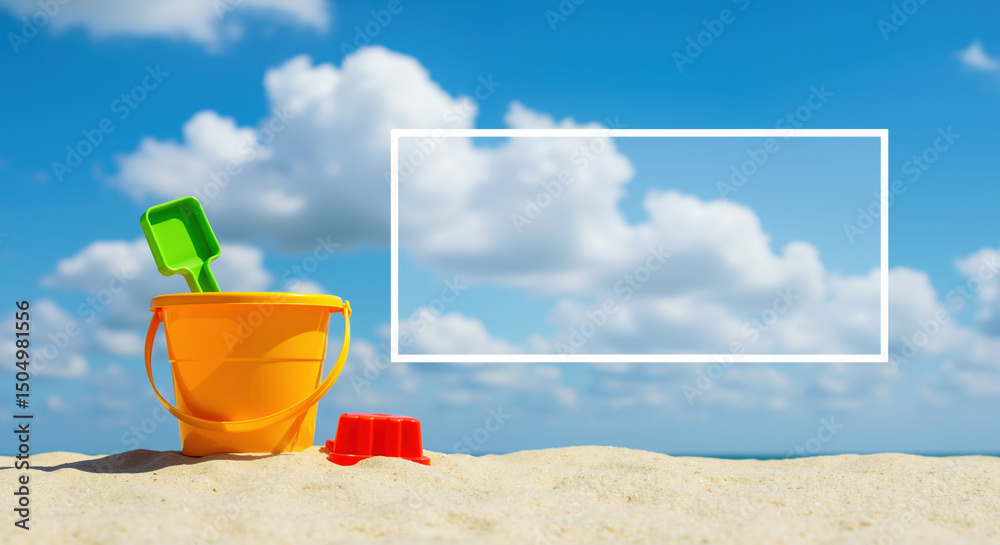 Orange sand bucket with green shovel and red sand mold on beach with white frame and blue sky. Summer banner for beach toys, family vacations and children's outdoor activities Orange sand bucket with green shovel and red sand mold on beach with white frame and blue sky. Summer banner for beach toys, family vacations and children's outdoor activities