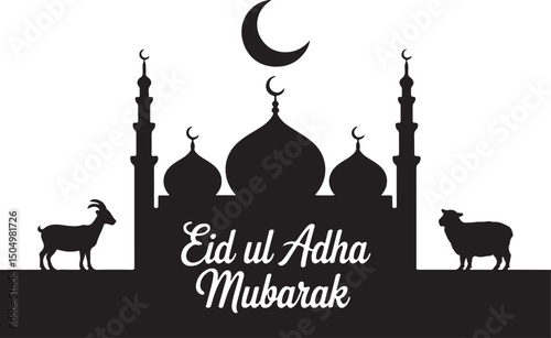 Eid ul Adha Mubarak with Mosque and Animals in Crescent Moon Silhouette