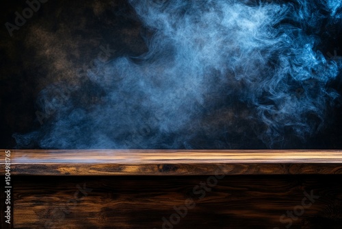 stylish wooden table with smoke swirling above it, set against a dark background with room for marketing messages, Generative AI