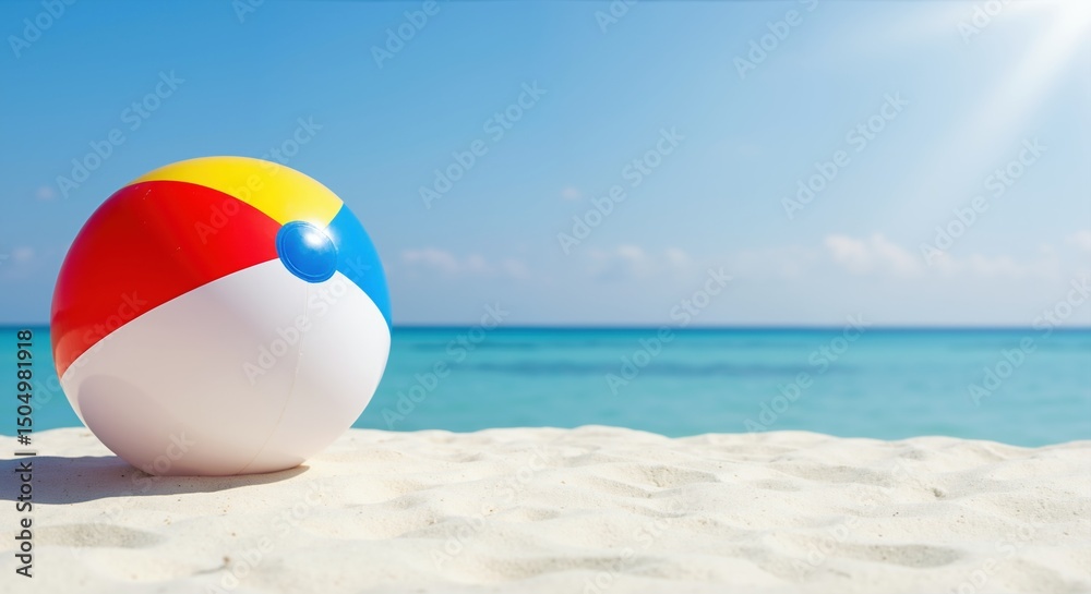 Obraz premium Colorful inflatable beach ball rests on white sand with turquoise ocean and clear blue sky. Summer fun, vacation playtime. For family holidays, kids activities, travel brochures