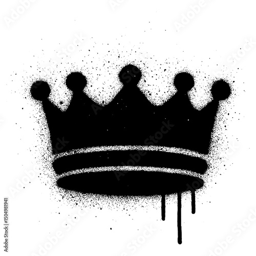 Bold black graffiti crown stencil art with a raw urban aesthetic. This street art inspired image features a royal crown spray painted on a white background with dripping paint and splatter effects.