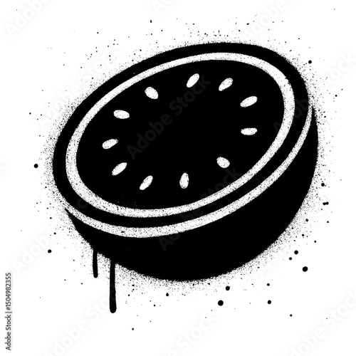 Creative stencil style illustration of a citrus fruit half in black and white, resembling street art graffiti.