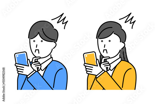 スマホを見て驚く男性と女性のイメージイラスト
