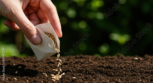 Hand pouring seeds from paper packet into furrow in dark garden soil. Spring planting activity for seasonal gardening and home-grown vegetable cultivation