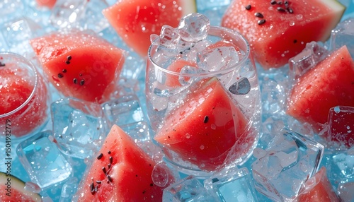 Refreshing Sparkling Water with water milon Slices and Ice
