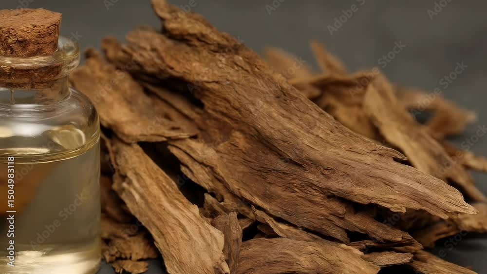 Agarwood fragrance oil in glass bottle with wood chips, aromatherapy, incense, and traditional aroma for relaxation and wellness