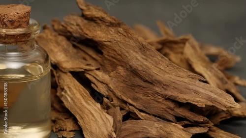 Agarwood fragrance oil in glass bottle with wood chips, aromatherapy, incense, and traditional aroma for relaxation and wellness