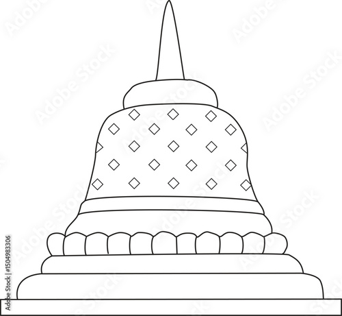 Black and White Borobudur Stupa Vector Illustration for Coloring Page, Indonesian Culture, Travel Icon, and Educational Design