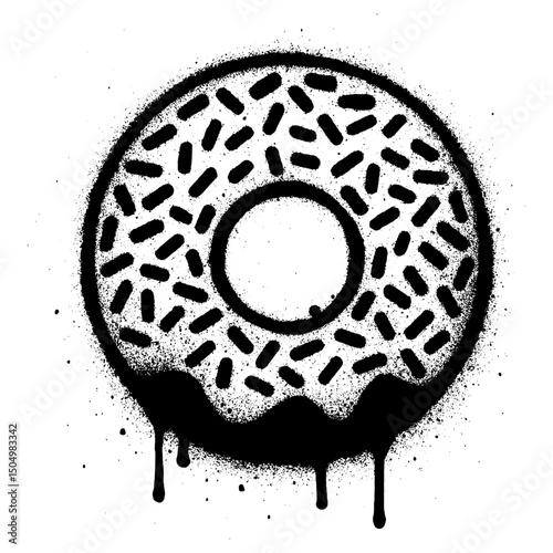 Urban street art style graffiti illustration of a donut with chocolate sprinkles, created in black and white using a spray paint effect.