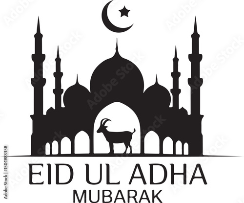 Eid ul Adha Mubarak with Mosque and Animals in Crescent Moon Silhouette