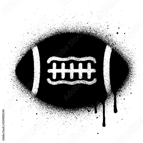 Creative stencil graffiti illustration of an American football ball with bold black spray paint on a white wall background.