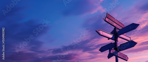 Diverse traffic signs and directional arrows for medical career paths under twilight sky, ideal for medical education infographics and career guidance materials.