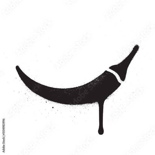 Black spray paint stencil artwork of a chili pepper on a white background. Grunge graffiti style with paint splatter and drip effect.