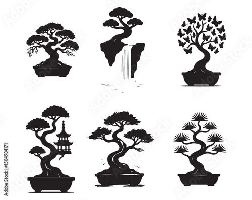 Silhouette Bonsai Tree Icons Set – Minimalist Nature Clipart for Zen and Decor Projects