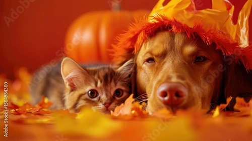 A cozy scene featuring a dog and a cat amidst autumn leaves and festive decor.