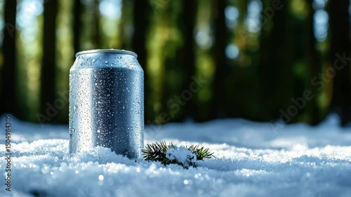 A cold silver can resting on snow with droplets, surrounded by a serene forest backdrop.
