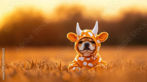 A cute dog wearing a playful costume, sitting in a sunny field during golden hour.