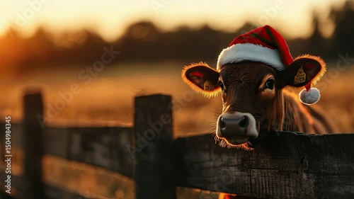 A festive cow wearing a Santa hat, enjoying a golden sunset on a farm.