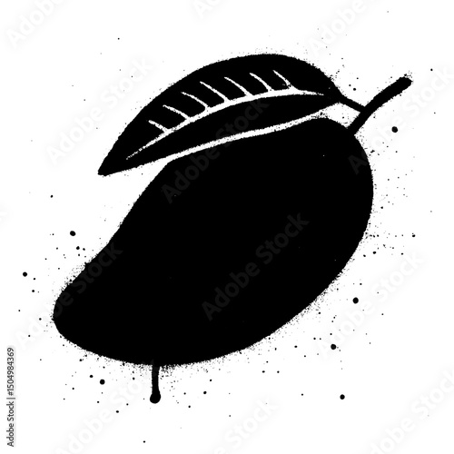 Stencil graffiti art illustration of a mango with a leaf, sprayed in black and white on a textured background.