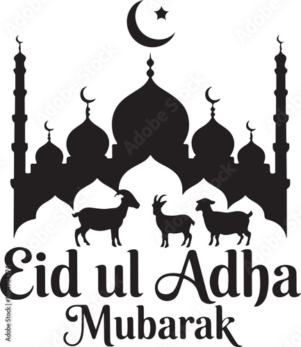 Eid ul Adha Mubarak with Mosque and Animals in Crescent Moon Silhouette