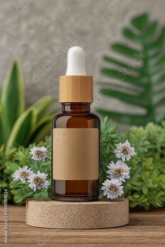 Serum Bottle with Blank Label and Floral Arrangement