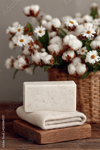 Soap Bar with Cotton Flowers and Towel