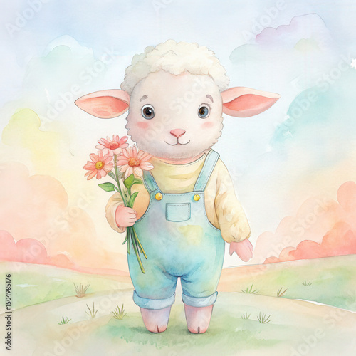 Cute sheep character holding flowers in a colorful landscape.