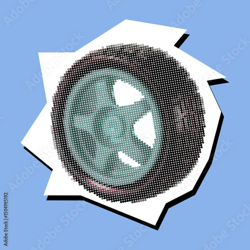 Wheel dotted collage element pointilize in paper torn icon vector. Ideal for vintage mechanics, motion idea, tire concept, or paper art grunge collage.