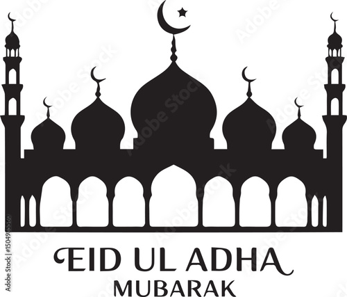 Eid ul Adha Mubarak with Mosque and Animals in Crescent Moon Silhouette