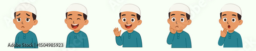 Muslim boys in sequence showing thinking, sad, and happy expressions – cartoon character set