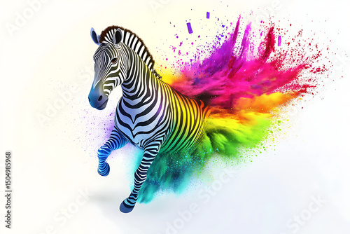 Colorful zebra bursting through a vibrant explosion of paint, symbolizing creativity and freedom