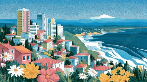 Coastal Cityscape with Flowers