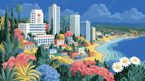 Coastal City with Hospital and Flowers