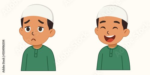 Sad Muslim boy with frown and teary eyes wearing green clothes and cap, emotional cartoon character