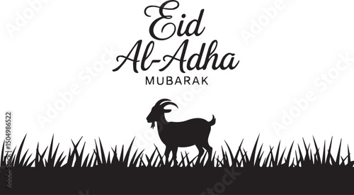 Eid Al-Adha Mubarak with Goat Silhouette on Grassy Landscape