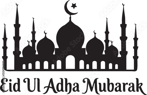 Eid ul Adha Mubarak with Mosque and Animals in Crescent Moon Silhouette