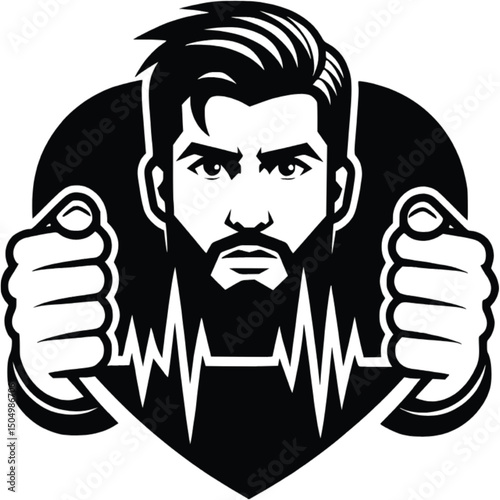 Angry cartoon man with a fist and evil tooth monster face vector illustration with heart beep  life style and fashion design