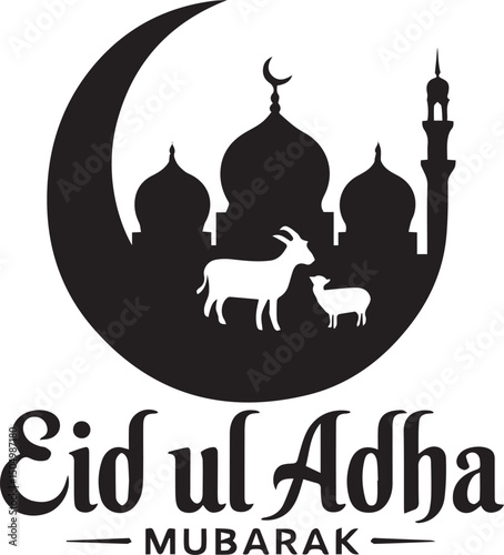 Eid Ul Adha Mubarak with Mosque and Animals Silhouette in Crescent Moon