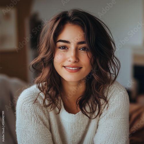 A woman with brown hair and a white sweater is smiling. She has a pleasant and friendly expression on her face