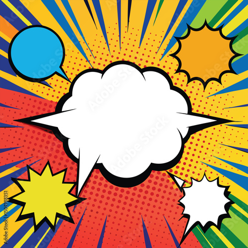 Colorful comic book background.Blank white speech bubbles of different shapes. Rays, radial, halftone, dotted effects. Vector illustration in pop art style