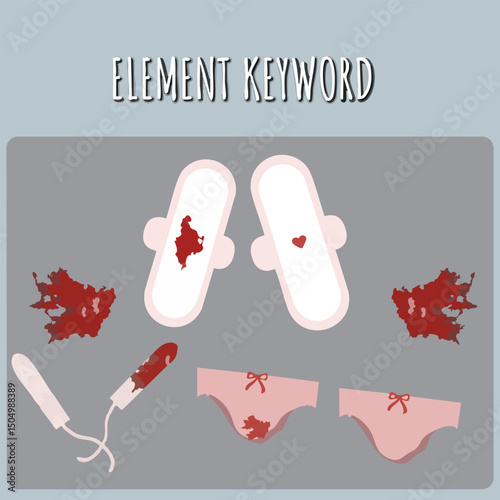 Menstrual Hygiene Vector Elements Including Sanitary Pads, Tampons, Period Stains, and Underwear for Female Health Education and Reproductive Awareness Campaigns

